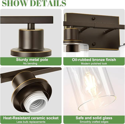 4-Light Bathroom Light Fixtures, Vanity Light with Clear Glass Shades, Oil-Rubbed Bronze Bathroom Light Fixtures Over Mirror, Modern Bathroom Wall Lamp for Mirror Living Room Cabinet Bedroom
