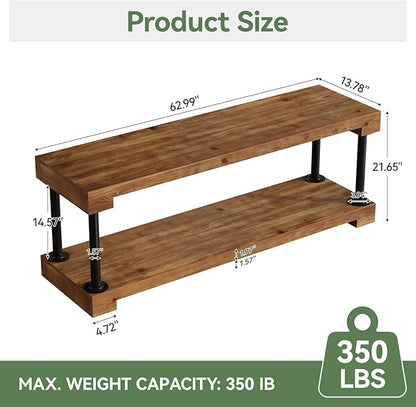 Tribesigns Solid Wood Entryway Bench with Shelf, 63" Industrial Storage Bench with Thickened Metal Tubing, Supports 300 lb and Easy Assembly (Vintage)