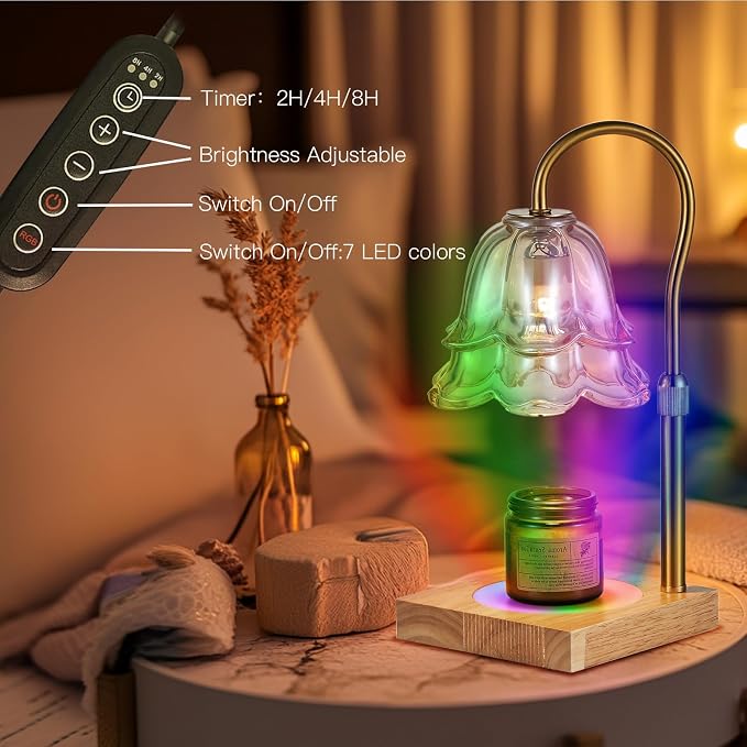 Candeldo Candle Warmer Lamp with Timer: 7 Colors LED Changing Flower Candle Warmers with 2 Blubs Dimmable Wax Melt Home Decor Birthday Mom Birthday Gift for Women