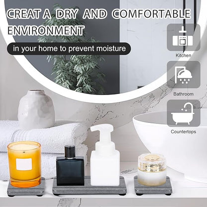 4PCS Stone Drying Trays for Bathroom Sink and Kitchen Counter - Water Absorbing Stone Tray with Diatomaceous Earth, Soap Dish and Coaster