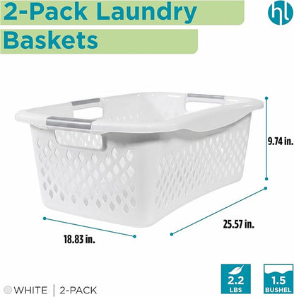 Home Logic 1.5 Bushel Plastic Laundry Basket Front Load, Large Laundry Hamper with Handles, Ventilated Clothes Organizer for Bedroom Bathroom Closet, 2 Pack, White