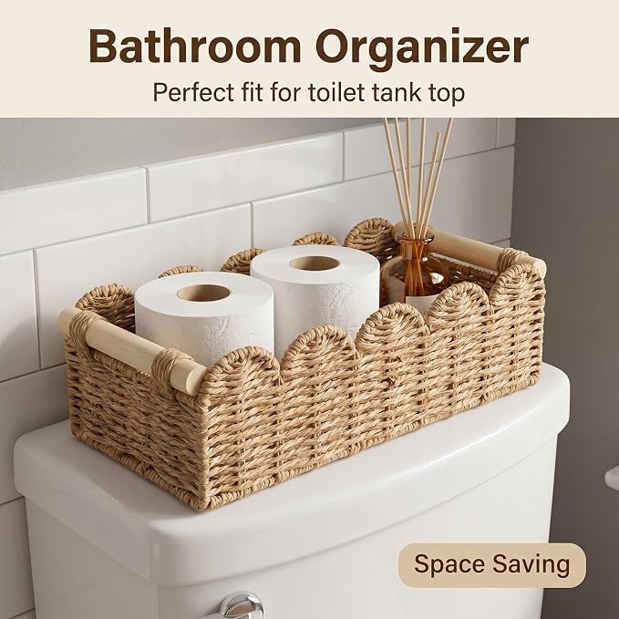 2-Pack Scalloped Woven Paper Rope Baskets with Wood Handles – Toilet Paper Storage Basket for Tank & Counter, Decorative Bins for Bathroom, Shelves, and Living Room