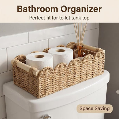 2-Pack Scalloped Woven Paper Rope Baskets with Wood Handles – Toilet Paper Storage Basket for Tank & Counter, Decorative Bins for Bathroom, Shelves, and Living Room