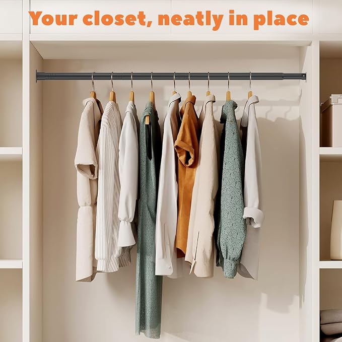 Long Closet Rod 17-75 Inches, Adjustable Heavy Duty Black Metal Closet Rods for Hanging Clothes, 1.3 Inch Diameter with Wall Brackets for Wardrobes, Laundry Room