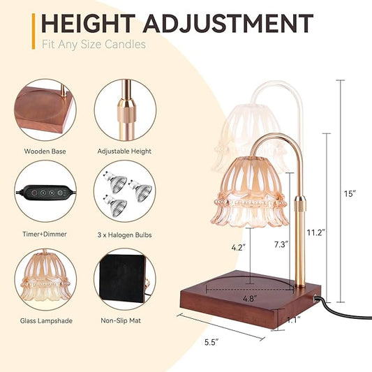 TOACSUCP Candle Warmer Lamp with 3 Bulbs, Adjustable Height Dimmable Candle Warmer with Timer, Compatible with Large Jar Candles, Flower Candle Warmer with Charming Gift Box Ribbon(Light Brown)