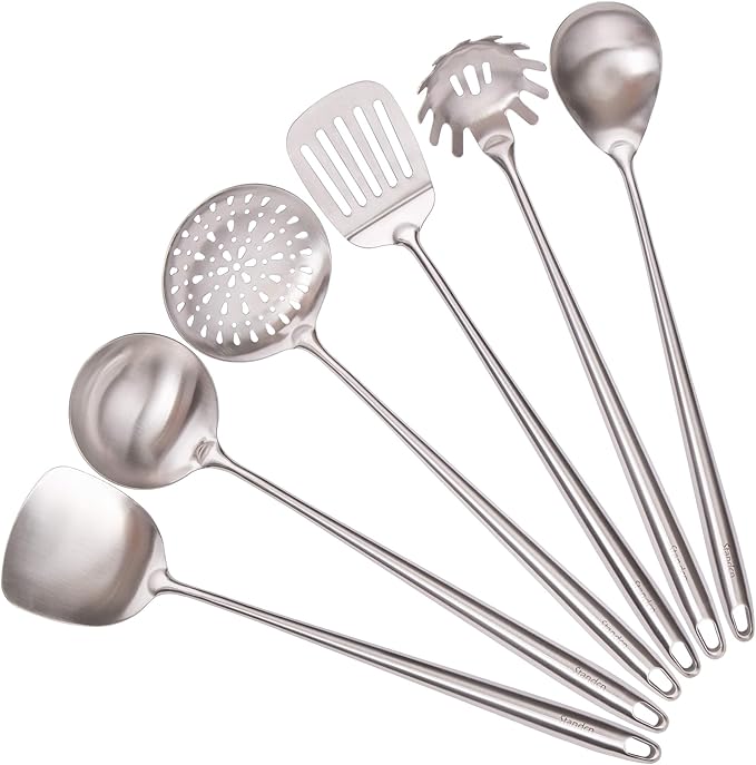 304 Stainless Steel Kitchen Utensils Set - 17” All Metal Cooking Tools, 6-Pcs Extra Long Handle Utensils with Spatula, Soup Ladle, Skimmer Spoon, Slotted Spatula Turner, Spaghetti Server, Solid Spoon
