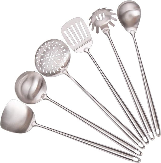 304 Stainless Steel Kitchen Utensils Set - 17” All Metal Cooking Tools, 6-Pcs Extra Long Handle Utensils with Spatula, Soup Ladle, Skimmer Spoon, Slotted Spatula Turner, Spaghetti Server, Solid Spoon