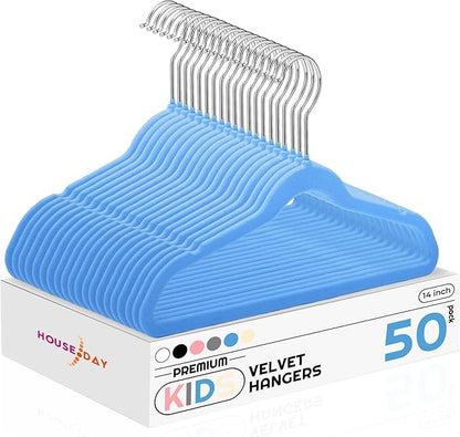 HOUSE DAY 14 Inch Kids Velvet Hangers 50 Pack, Durable Big Kids Hanger for Youth, Non Slip Kid Felt Hangers, Cute Childrens Hanger for Closet, Blue