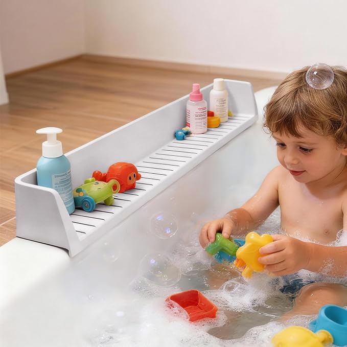 Bathtub Splash Guard for Tub Kids- 31" Extra Long Silicone Bath Play Shelf, Toy Tray & Caddy Holder, Prevent Water Spills & Messy Floors, Tub Edge Guard for Bathroom- Grey