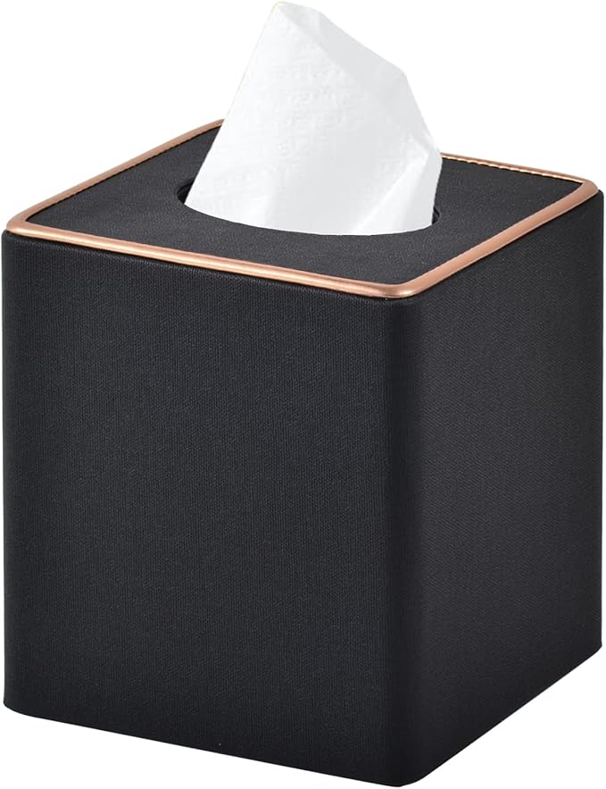 Linen Square Tissue Box Cover,Cube Tissue Box Holder－Excellent Rosegold Leather Decoration,Table Napkin Case Dispenser,Facial Tissues Organizer with Magnetic Bottom for Home Office Car(Black)