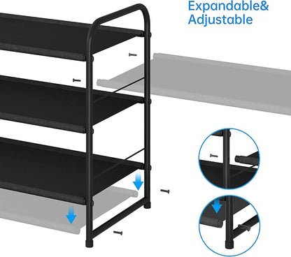 Simple Trending 3 Tier Stackable Shoe Rack, Expandable Adjustable Fabric Shoe Shelf Storage Organizer, Black