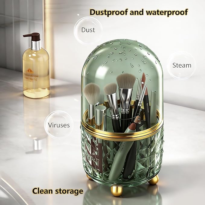 360° Rotating Pencil Holder for Desk, Makeup Brush Holder with 6 Slots, Desk Organizer for Writing Utensil, Office and School Supplies (Green with cover)