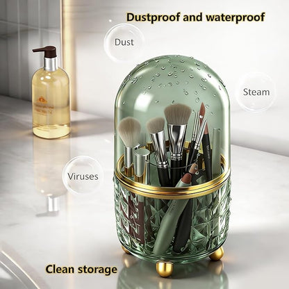 360° Rotating Pencil Holder for Desk, Makeup Brush Holder with 6 Slots, Desk Organizer for Writing Utensil, Office and School Supplies (Green with cover)