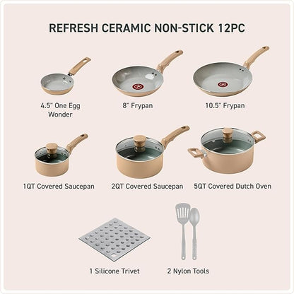 T-Fal Refresh Ceramic Nonstick Cookware Set, 12-Piece, Oven Safe to 350°F, Includes Stockpot, Griddle, Frying Pans, Utensils, Ceramic Pots and Pans Set, Sand Beige