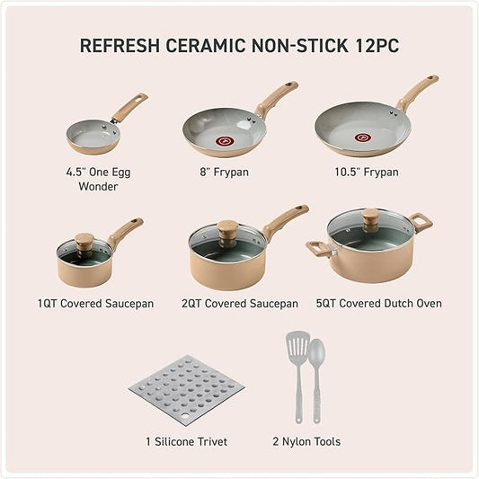 T-Fal Refresh Ceramic Nonstick Cookware Set, 12-Piece, Oven Safe to 350°F, Includes Stockpot, Griddle, Frying Pans, Utensils, Ceramic Pots and Pans Set, Sand Beige