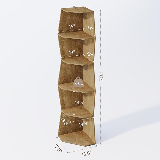 Vividwood Wavy Corner Shelf, Modern 6-Tier Irregular Wooden Corner Bookshelf, Narrow Tall Display Bookcase for Living Room, Bedroom