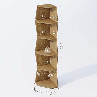 Vividwood Wavy Corner Shelf, Modern 6-Tier Irregular Wooden Corner Bookshelf, Narrow Tall Display Bookcase for Living Room, Bedroom