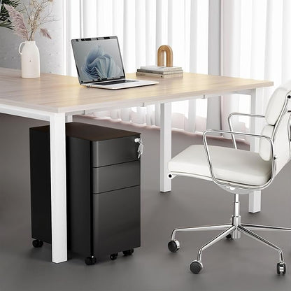 Mount-It! Slim Rolling Under Desk Cabinet, Mobile Filing Cabinet with 3 Drawers and Lock for Home & Office Storage, Black
