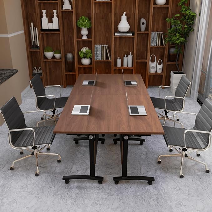 2Packs Folding Conference Table with Silent Wheels,Mobile Flip Top Meeting Room Table for Office Training and Classroom,Foldable Modular Rolling Desk for Home Office,Walnut Space-Saving Rectangular