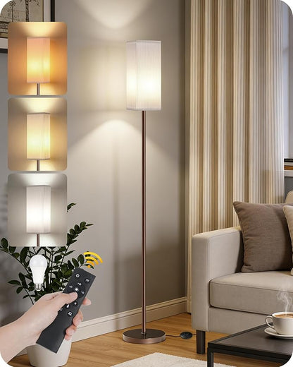 64.2” Dimmable Floor Lamp for Living Room with Remote and Foot Switch, Corner Floor Lamp for Bedroom, Includes 10W A19 Bulb, Modern Standing Tall Lamp, ETL Listed, Brown and White VCW17LD05