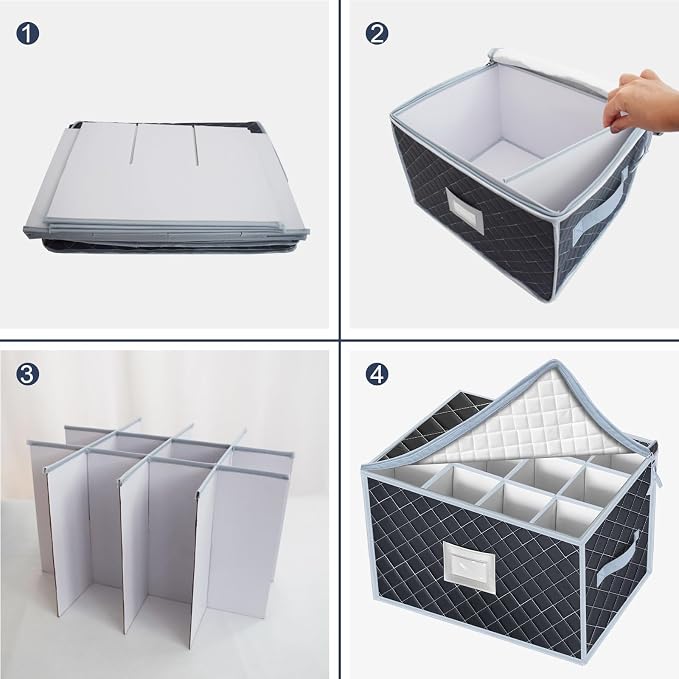 Wine Glass Storage Box with Dividers Holds 24 Stemware Storage Cases or China Crystal Glassware Containers with Handles and Lable Window (15.5" x 12.5"x10")-Set of 2 Grey