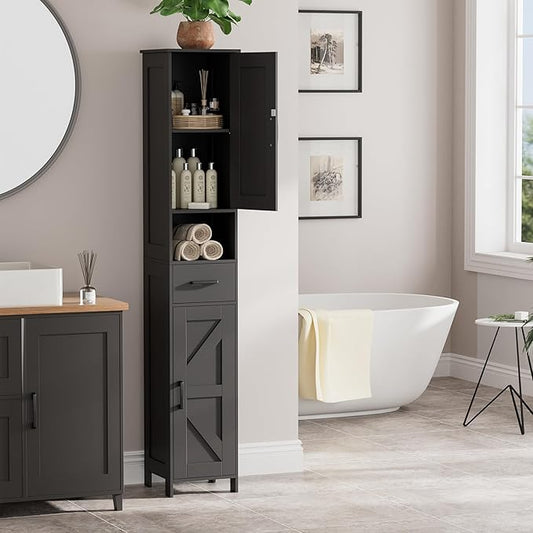 Homhedy 67" H Tall Bathroom Storage Cabinet with 2 Barn Doors and 1 Drawer, Narrow Storage Unit, Adjustable Shelves, Floor Cabinet for Bathroom, Living Room, Entryway, Kitchen, Black, (11.8" W)