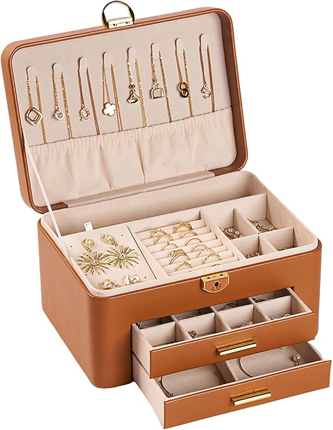 Jewelry Box for Women, Large Dresser Top Organizer with 3 Layers & 2 Drawers, PU Leather Storage Case for Earrings, Necklaces, Rings, Giftable Vanity Box (brown)