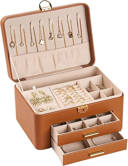 Jewelry Box for Women, Large Dresser Top Organizer with 3 Layers & 2 Drawers, PU Leather Storage Case for Earrings, Necklaces, Rings, Giftable Vanity Box (brown)