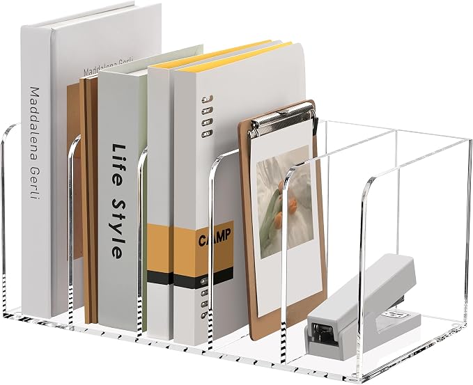 SANRUI Acrylic Magazine Holder Desk Organizer Workspace Sorters, Clear Bookend File Sorter Folder Rack For Home Office Accessories Organization Storage with 5 Vertical Compartments