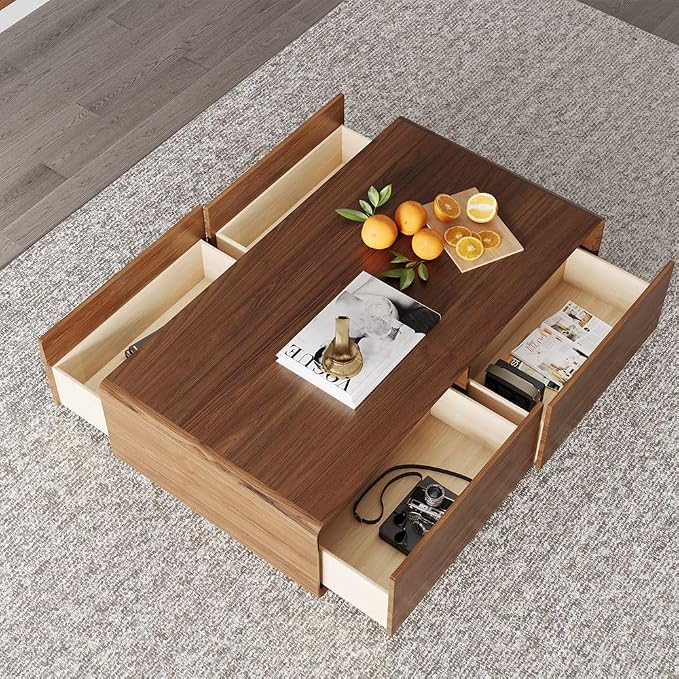 POVISON Mid Century Coffee Table with 4 Drawers,51” Rectangle Wood Coffee Table for Living Room, Fully Assembled, Walnut