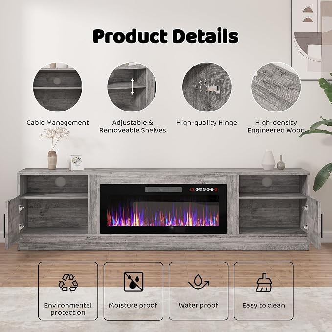 LEMBERI 80 Inch Fireplace TV Stand for TVs up to 90", 36" Electric Fireplace Entertainment Center with 20-Color LED, 300lbs Max Capacity Modern Wood Media Console Cabinet, Gray