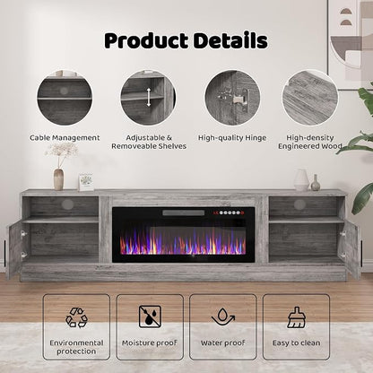LEMBERI 80 Inch Fireplace TV Stand for TVs up to 90", 36" Electric Fireplace Entertainment Center with 20-Color LED, 300lbs Max Capacity Modern Wood Media Console Cabinet, Gray
