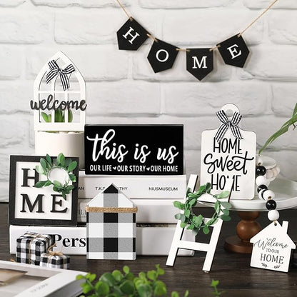 Set of 11 Home Tiered Tray Decor This is us Rustic Farmhouse Tiered Tray Decorations Set Home Wooden Signs Vintage Farm Animal Farmhouse Tabletop Wood Signs for Kitchen Table Shelf Decor