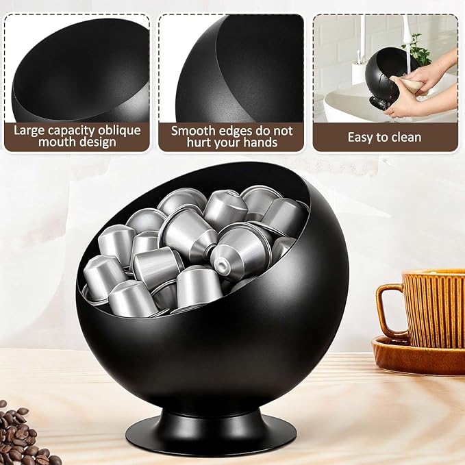 1 Pc Large Capacity Coffee Pod Holder for Countertop, Metal Capsule Organizer for Coffee Bar and Kitchen, Open Storage Bowl for Single-serve Pods (Black)