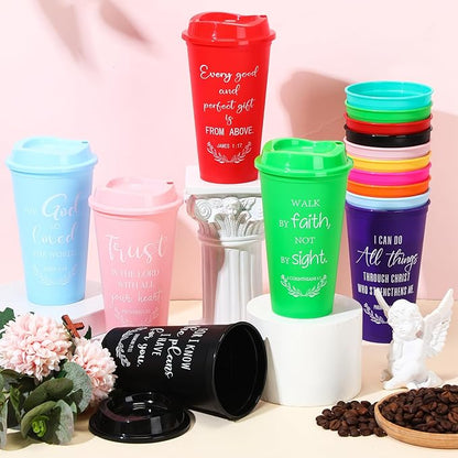 Skylety 20 Pack Christian Gifts for Men Women 16oz Reusable Bible Verse Tumbler Bulk Plastic Coffee Cups with Lids Inspirational Religious Church Gifts for Valentine Easter Birthday (Rainbow Color)