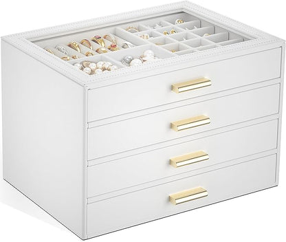AKOZLIN Jewelry Box with Clear Lid Functional Leather Jewelry Storage Organizer Case 4 Drawers for Women Girls Necklace Ring Bracelet Earring