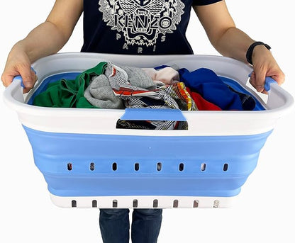 SAMMART 42L (11 gallon) Collapsible Plastic Laundry Basket - Foldable Pop Up Storage Container/Organizer - Space Saving Hamper/Basket (1, White/Little Boy Blue)