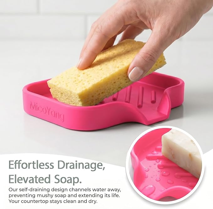 MicoYang Silicone Soap Dish with Drain Spout, Self-Draining Sink Organizer Tray for Bathroom and Kitchen, Sponges, Dispensers and Soap Holder, Non-Slip and Dishwasher Safe, Rose (Compact, 4.9"×3.2")