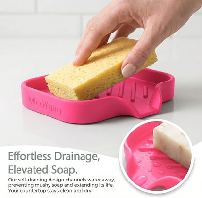 MicoYang Silicone Soap Dish with Drain Spout, Self-Draining Sink Organizer Tray for Bathroom and Kitchen, Sponges, Dispensers and Soap Holder, Non-Slip and Dishwasher Safe, Rose (Compact, 4.9"×3.2")