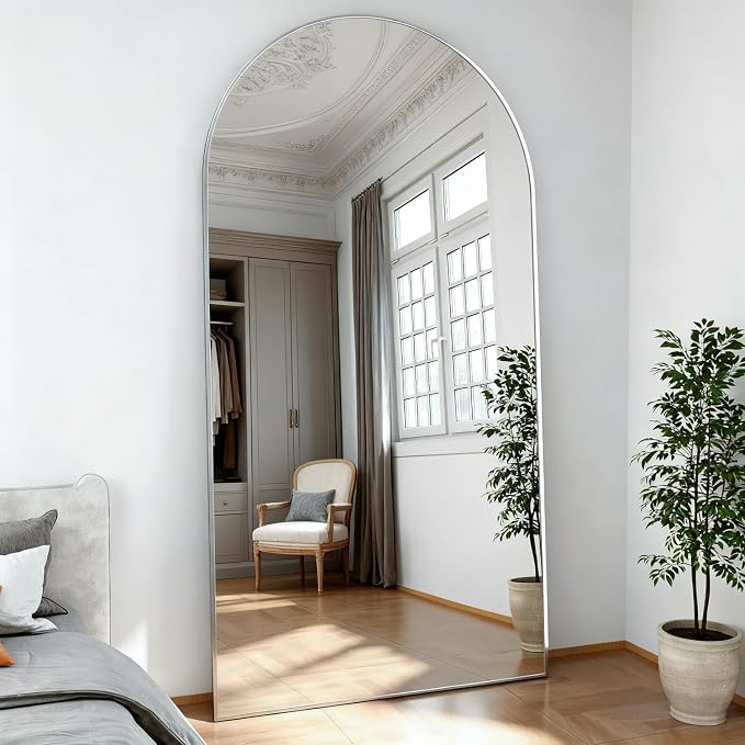 Arched Floor Mirror 198x96 cm Silver Arch Full Length Mirror with Stand Large Wall Full Body Standing Hanging or Leaning Against Wall for Bedroom Entry, Living Room