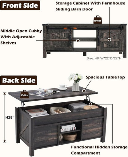 OKD 48" Farmhouse Lift Top Coffee Table with Sliding Barn Door,Rustic Center Table with Hidden Storage Compartment,Lifting Tabletop and Adjustable Shelf for Living Room,Office,Dark Rustic Oak
