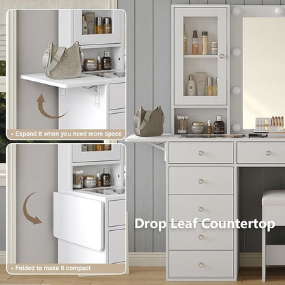 Vanity with Mirror and 10 LED Lights,Vanity Desk with Power Outlet, Makeup Vanity with 12 Drawers and 2 Cabinets, Fold-up Panel, Glass Top Vanity Table with Chair for Bedroom, White