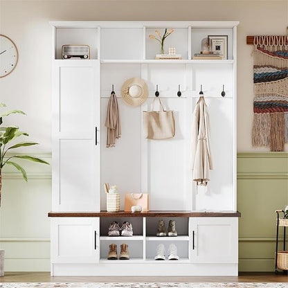 Merax Farmhouse Wood Hall Tree with 6 Hooks and Shoe Bench, Mudroom Versatile Coat Racks with Cabinets and Shelves, Entrance Organizer for Hallway White