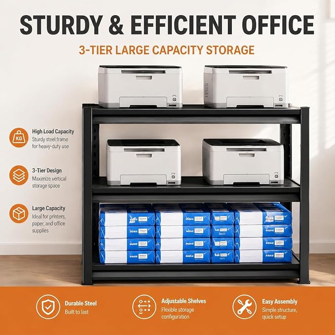 Printer Stand with Storage, 3-Tier Industrial Heavy Duty All-Metal Office Organizer Shelf, Space-Saving Storage Rack for Printer, Scanner, Copier, Paper and Office Supplies, Black,31.5"H×23.6"W×13.8"D