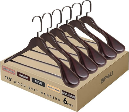 17.5" Wooden Suit Hangers with Non Slip Pants Bar, 6-Pack Wood Extra-Wide Shoulder Hangers with Flat-Head Hook for Suits, Coats, Jackets, Shirts, Pants, Heavy Clothes (Dark Cherry)