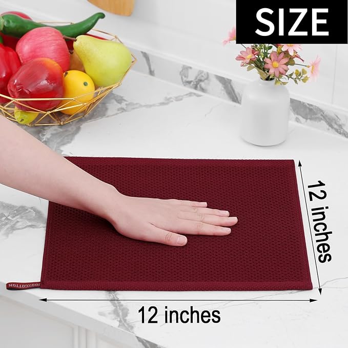 Homaxy 100% Cotton Waffle Weave Kitchen Dish Cloths, Ultra Soft Absorbent Quick Drying Dish Towels, 12 x 12 Inches, 18-Pack, Burgundy