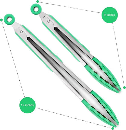 2 Pack Silicone Kitchen Tongs – 9" & 12" Set, Heat Resistant up to 500°F, Non‑Stick Cookware Safe, Wavy Silicone Tips, BPA Free, Locking Clip & Hanging Loop, Dark Green