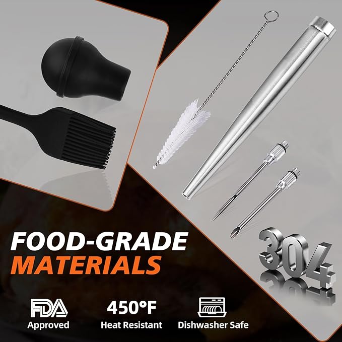 Turkey Baster Syringe for Cooking - Large Food-Grade Turkey Baster with Silicone Bulb, 2 Marinade Injector Needles, and Cleaning Brush - Turkey Baster for Juicy Roasts, BBQ, and Home Baking