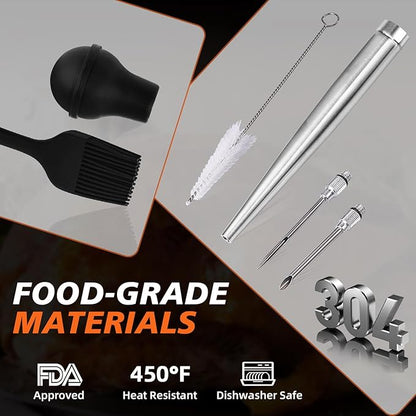 Turkey Baster Syringe for Cooking - Large Food-Grade Turkey Baster with Silicone Bulb, 2 Marinade Injector Needles, and Cleaning Brush - Turkey Baster for Juicy Roasts, BBQ, and Home Baking
