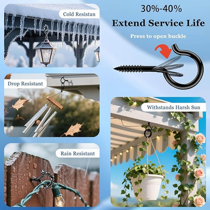 24 Pack Black Screw Hooks with Safety Buckle - 2.3 Inch Rustproof Eye Ceiling Hooks for Hanging Plants,Outdoor String Lights,Baskets,Christmas Lights & Decor,40lb Capacity (24, Black)